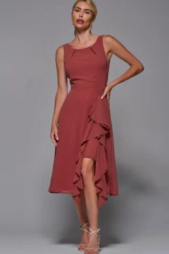 Embellished Frill Hem Ciffon Dress, Rust