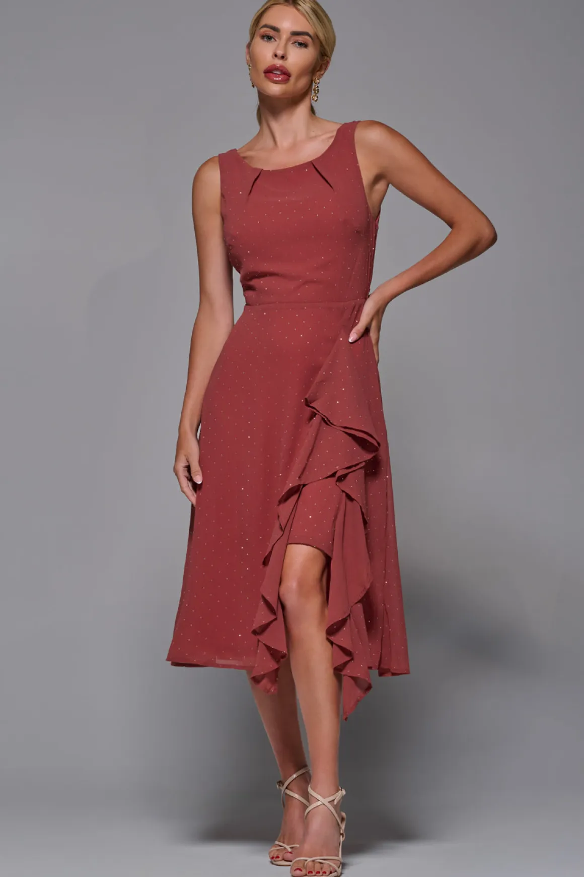 Embellished Frill Hem Ciffon Dress, Rust