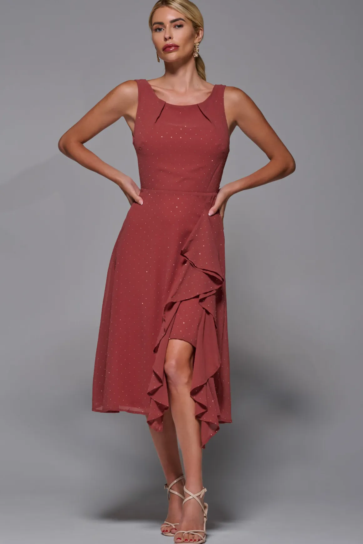 Embellished Frill Hem Ciffon Dress, Rust