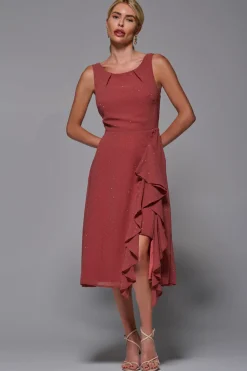 Embellished Frill Hem Ciffon Dress, Rust