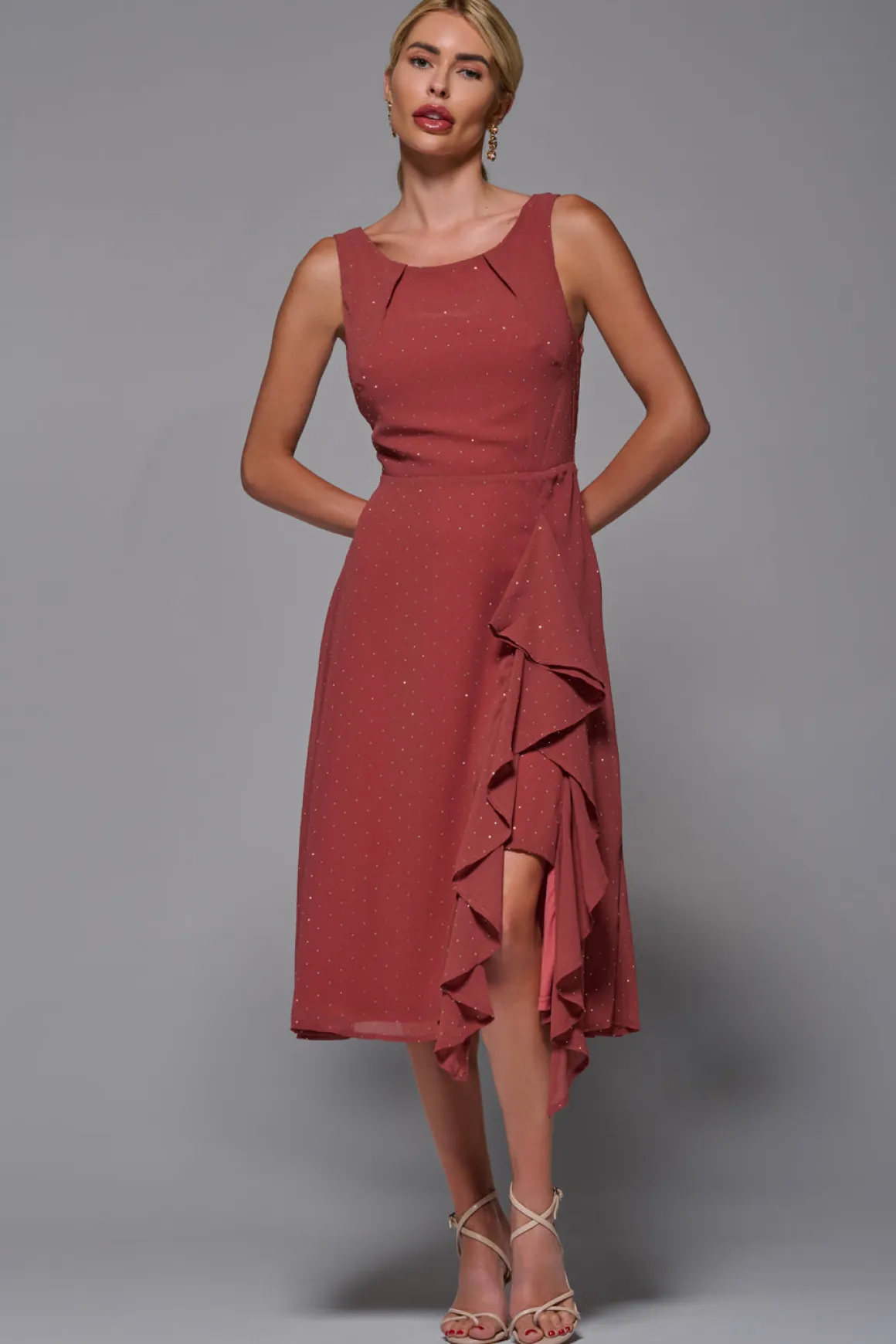 Embellished Frill Hem Ciffon Dress, Rust
