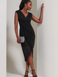Embellished Ruched Mesh Midi Dress, Black