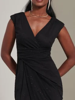 Embellished Ruched Mesh Midi Dress, Black