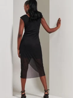 Embellished Ruched Mesh Midi Dress, Black