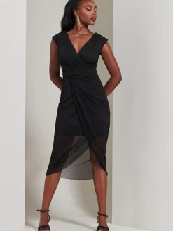 Embellished Ruched Mesh Midi Dress, Black