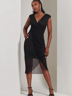 Embellished Ruched Mesh Midi Dress, Black