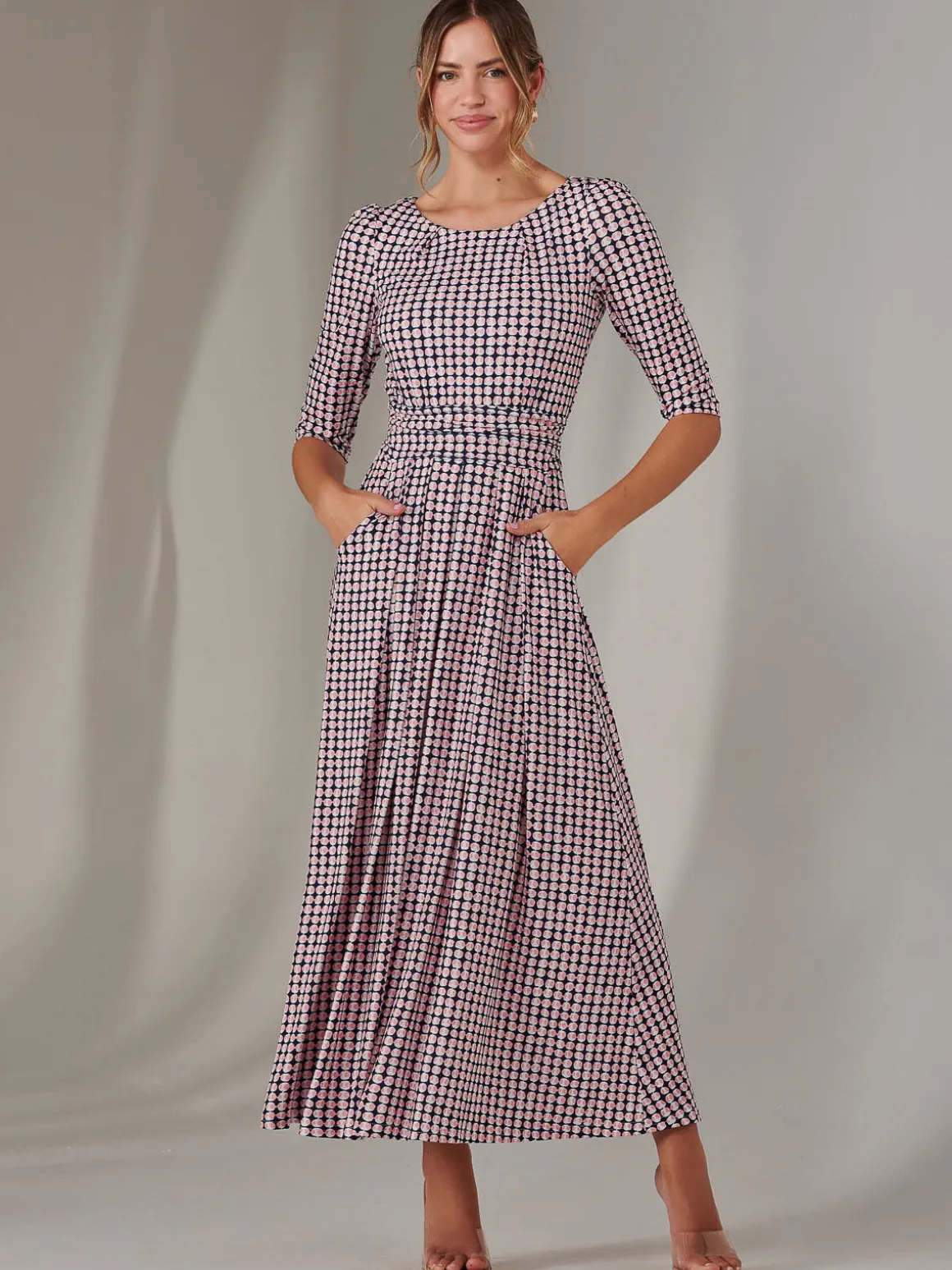Enya 3/4 Sleeve Jersey Midaxi Dress, Pink Geo