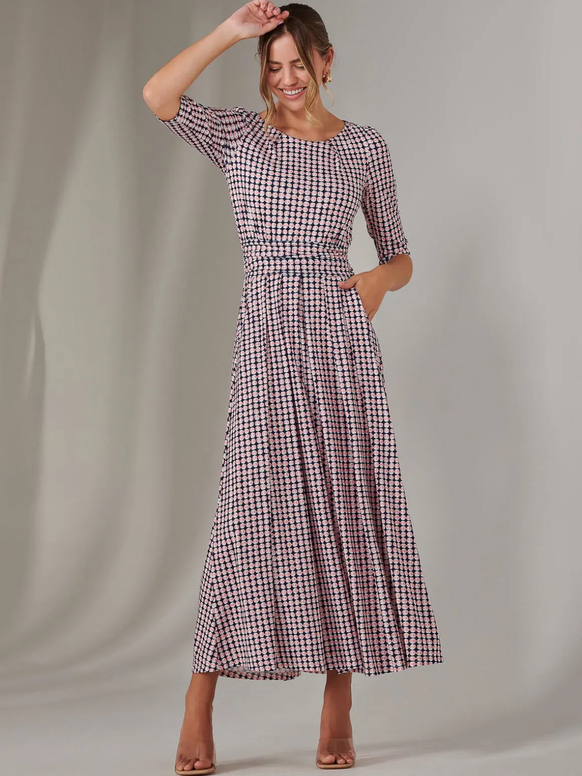 Enya 3/4 Sleeve Jersey Midaxi Dress, Pink Geo