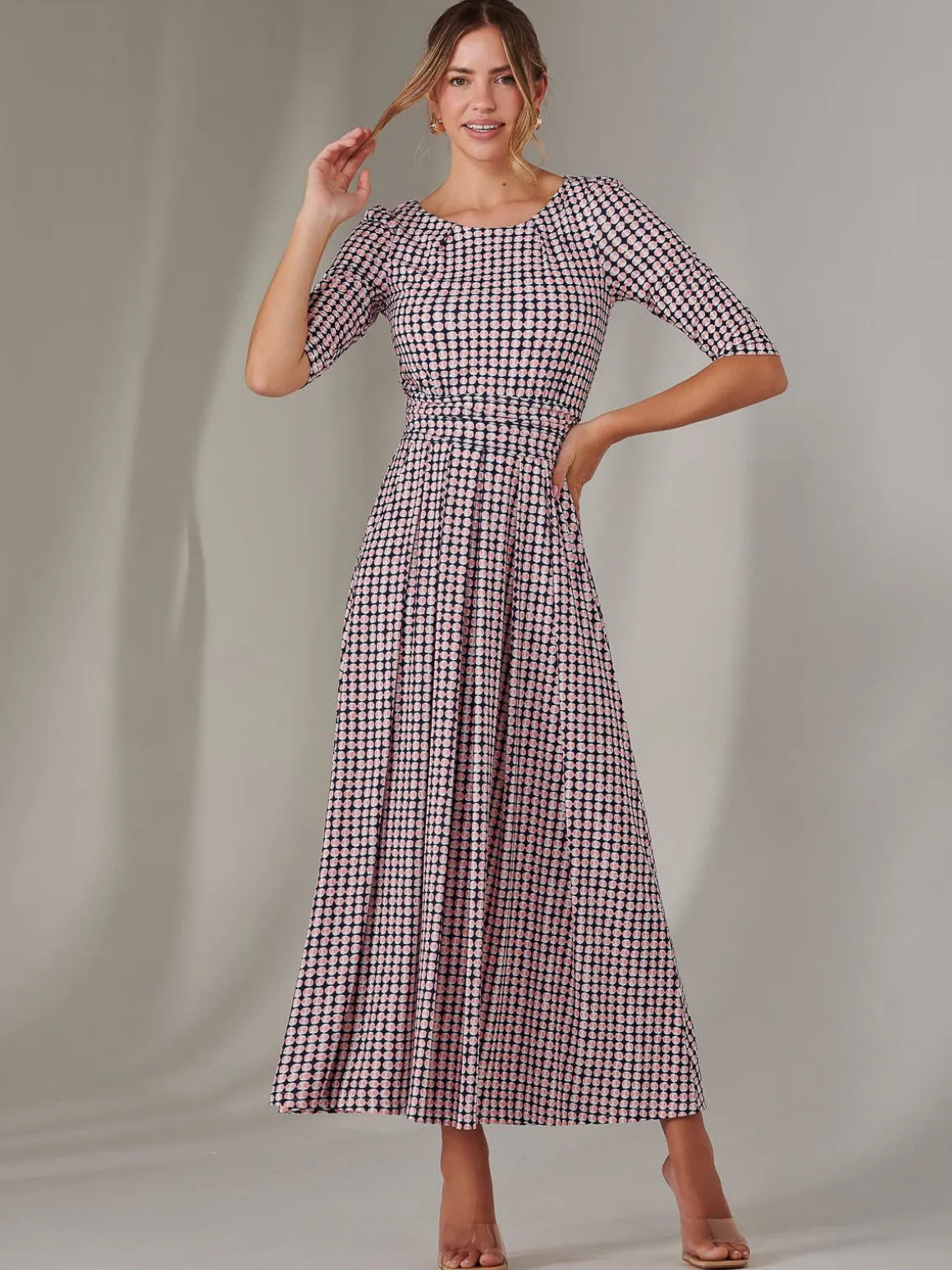 Enya 3/4 Sleeve Jersey Midaxi Dress, Pink Geo