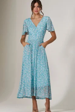 Evelyn Angel Sleeve Mesh Maxi Dress, Green Floral