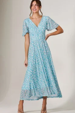Evelyn Angel Sleeve Mesh Maxi Dress, Green Floral