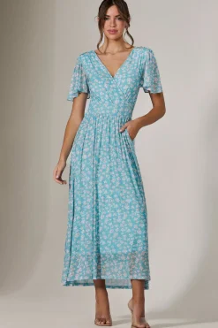 Evelyn Angel Sleeve Mesh Maxi Dress, Green Floral