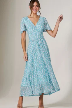 Evelyn Angel Sleeve Mesh Maxi Dress, Green Floral