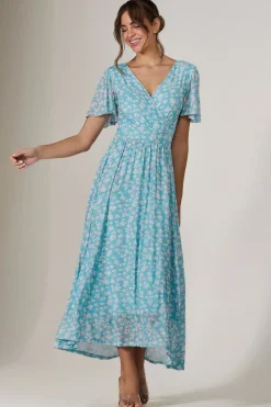 Evelyn Angel Sleeve Mesh Maxi Dress, Green Floral