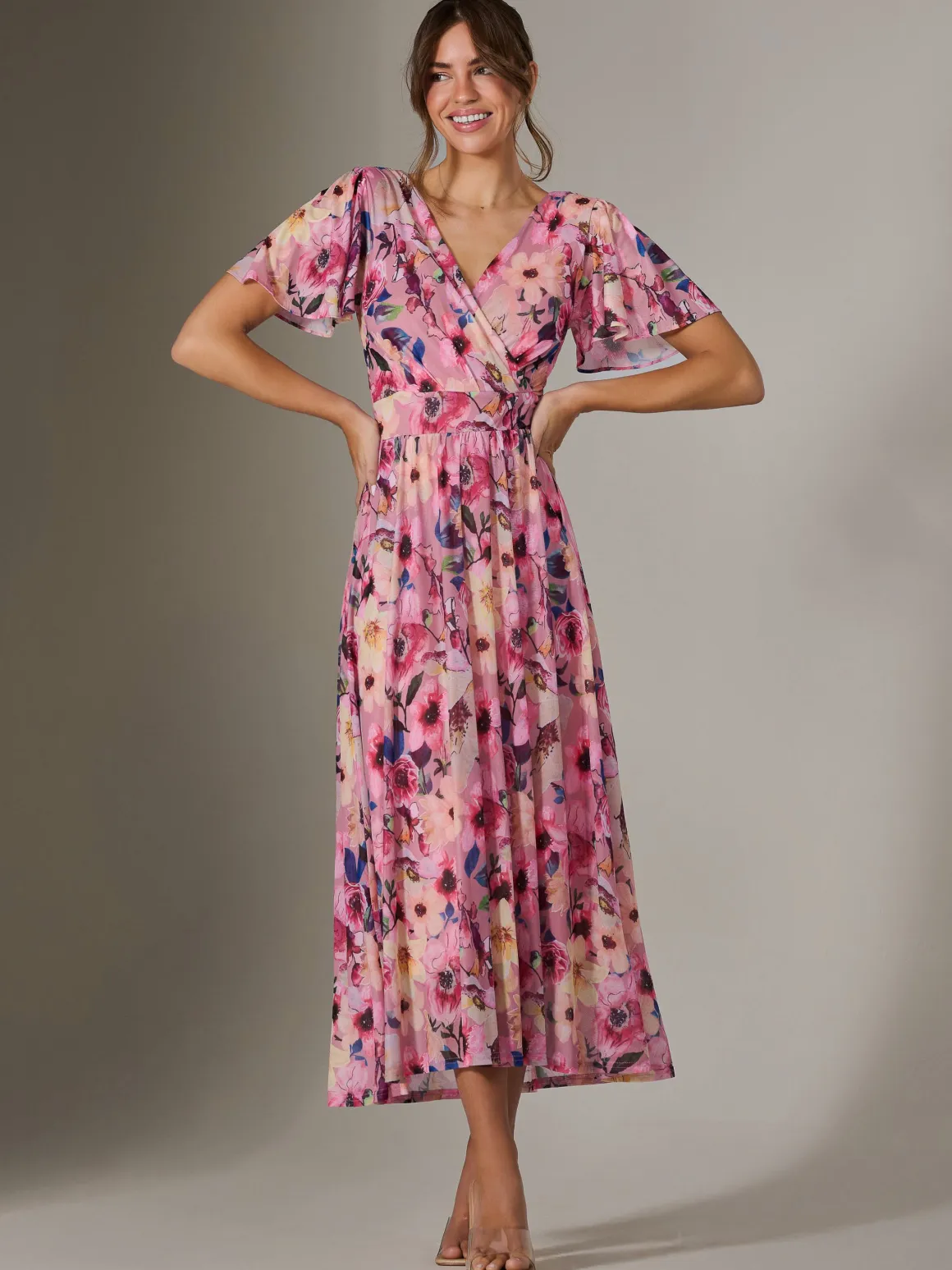 Evelyn Angel Sleeve Mesh Maxi Dress, Pink Abstract