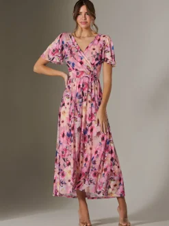 Evelyn Angel Sleeve Mesh Maxi Dress, Pink Abstract