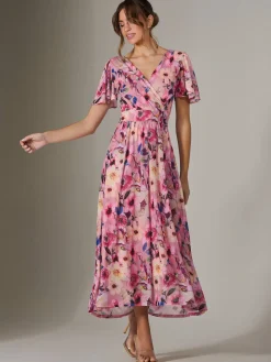 Evelyn Angel Sleeve Mesh Maxi Dress, Pink Abstract