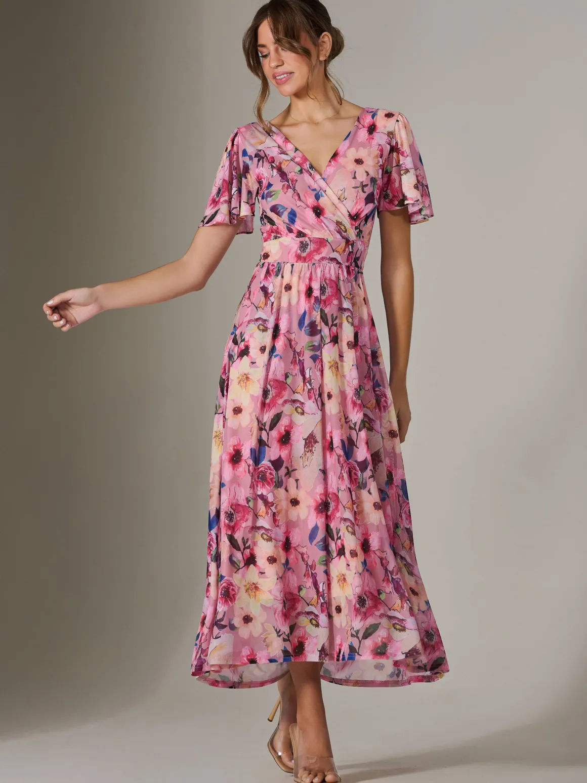 Evelyn Angel Sleeve Mesh Maxi Dress, Pink Abstract