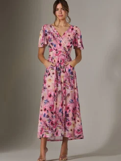 Evelyn Angel Sleeve Mesh Maxi Dress, Pink Abstract