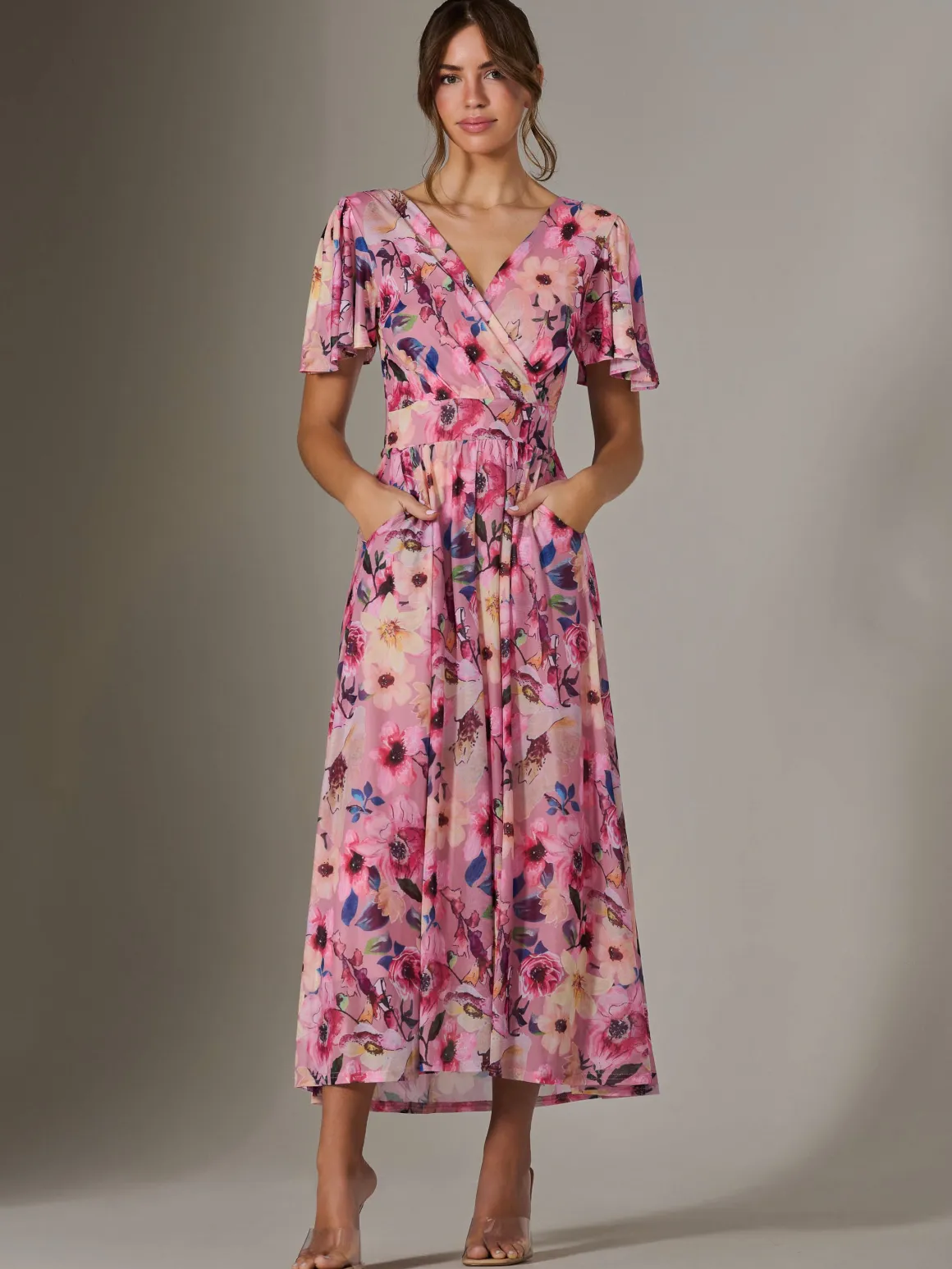 Evelyn Angel Sleeve Mesh Maxi Dress, Pink Abstract