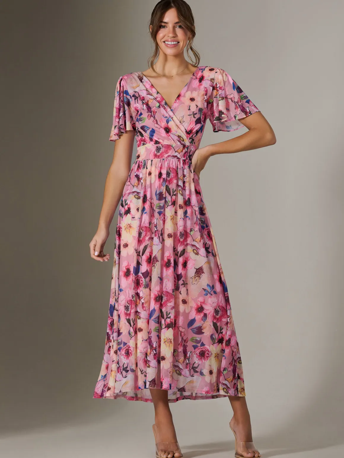 Evelyn Angel Sleeve Mesh Maxi Dress, Pink Abstract