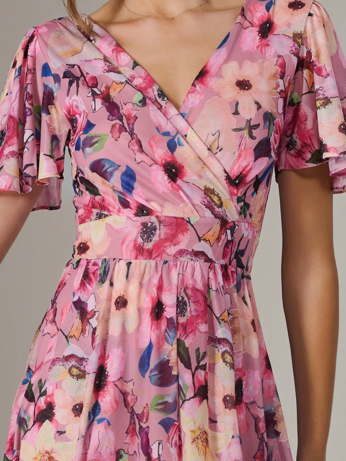 Evelyn Angel Sleeve Mesh Maxi Dress, Pink Abstract