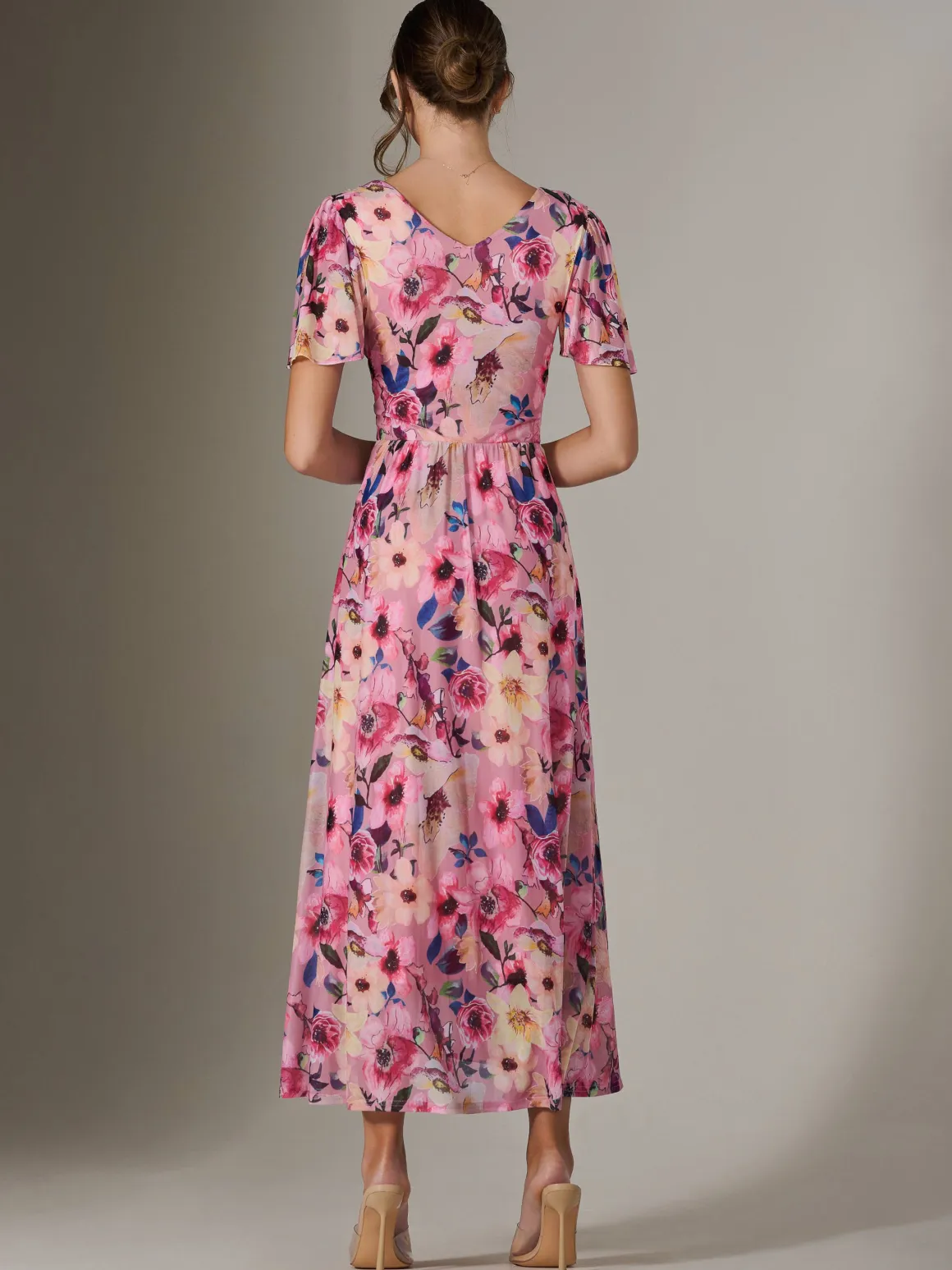 Evelyn Angel Sleeve Mesh Maxi Dress, Pink Abstract