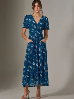 Evelyn Angel Sleeve Mesh Maxi Dress, Teal Floral