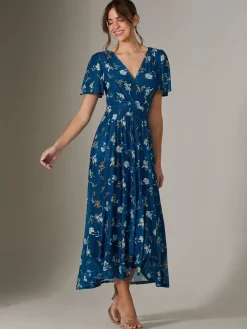 Evelyn Angel Sleeve Mesh Maxi Dress, Teal Floral