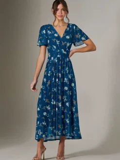 Evelyn Angel Sleeve Mesh Maxi Dress, Teal Floral
