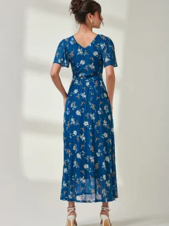Evelyn Angel Sleeve Mesh Maxi Dress, Teal Floral