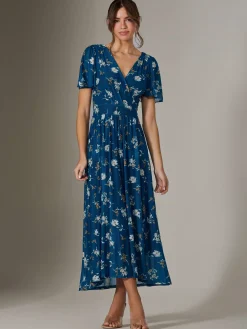 Evelyn Angel Sleeve Mesh Maxi Dress, Teal Floral
