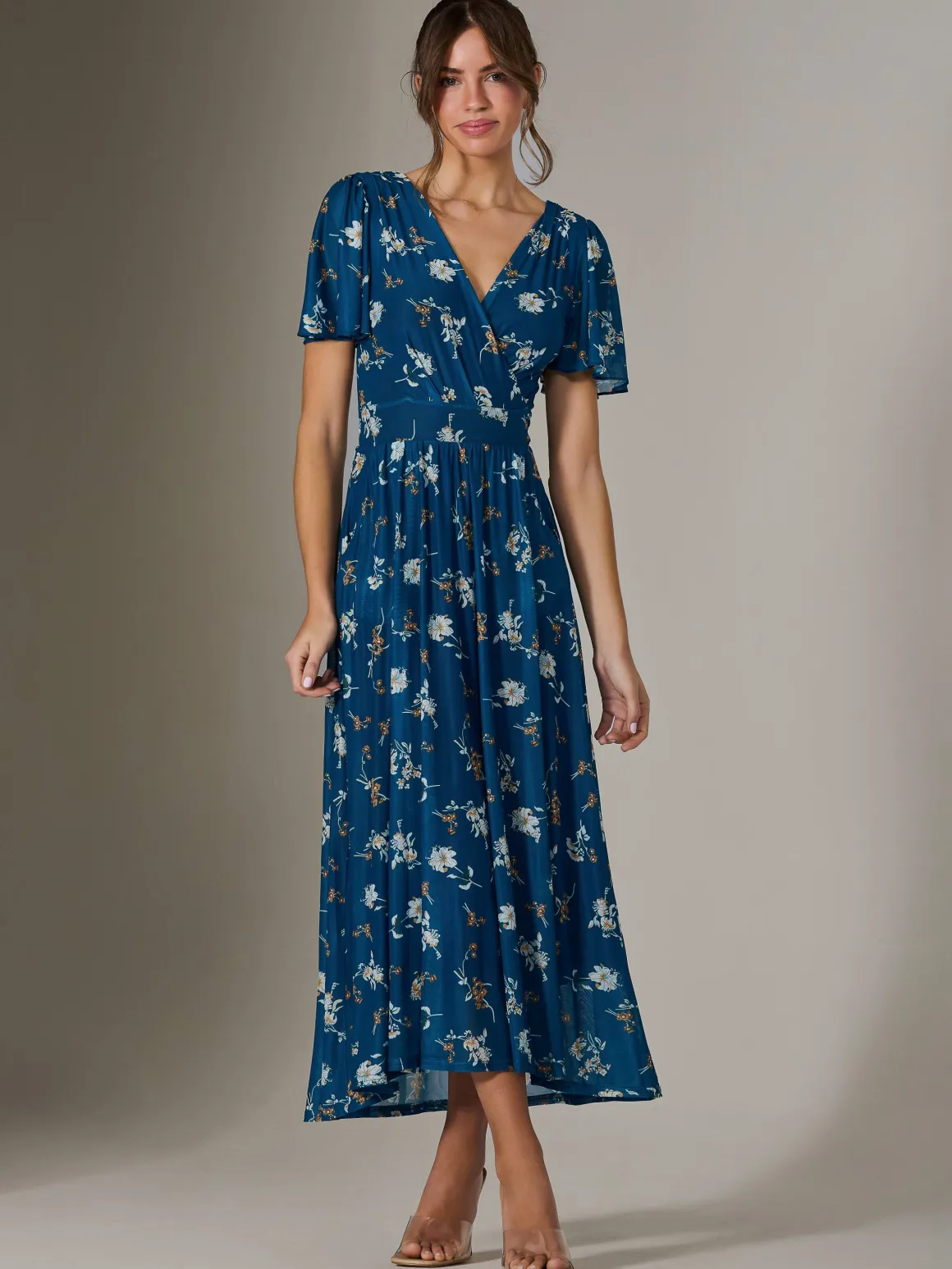 Evelyn Angel Sleeve Mesh Maxi Dress, Teal Floral