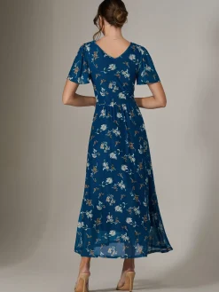 Evelyn Angel Sleeve Mesh Maxi Dress, Teal Floral