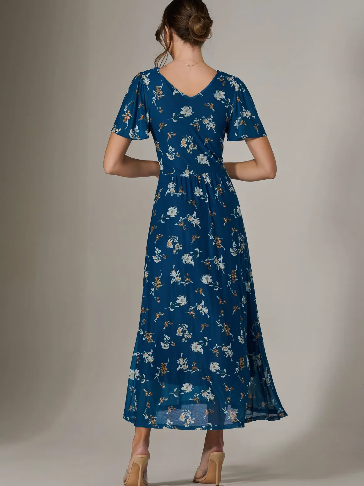 Evelyn Angel Sleeve Mesh Maxi Dress, Teal Floral