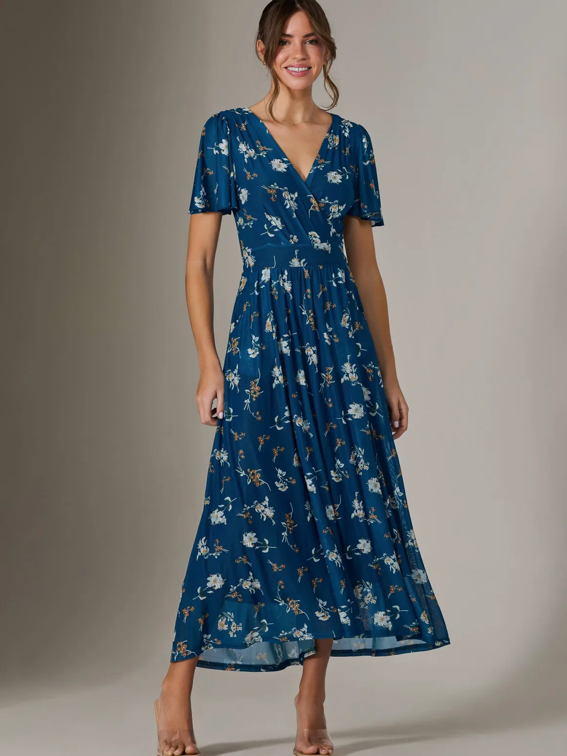 Evelyn Angel Sleeve Mesh Maxi Dress, Teal Floral