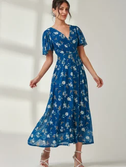 Evelyn Angel Sleeve Mesh Maxi Dress, Teal Floral