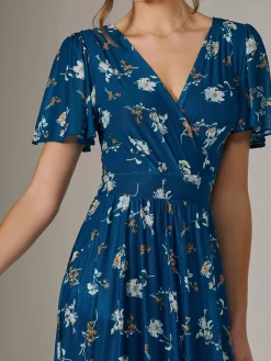 Evelyn Angel Sleeve Mesh Maxi Dress, Teal Floral