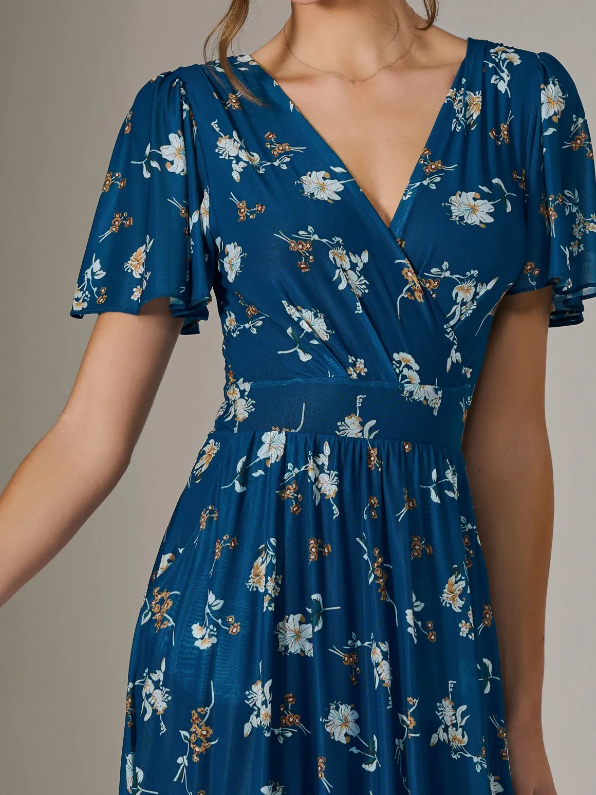 Evelyn Angel Sleeve Mesh Maxi Dress, Teal Floral