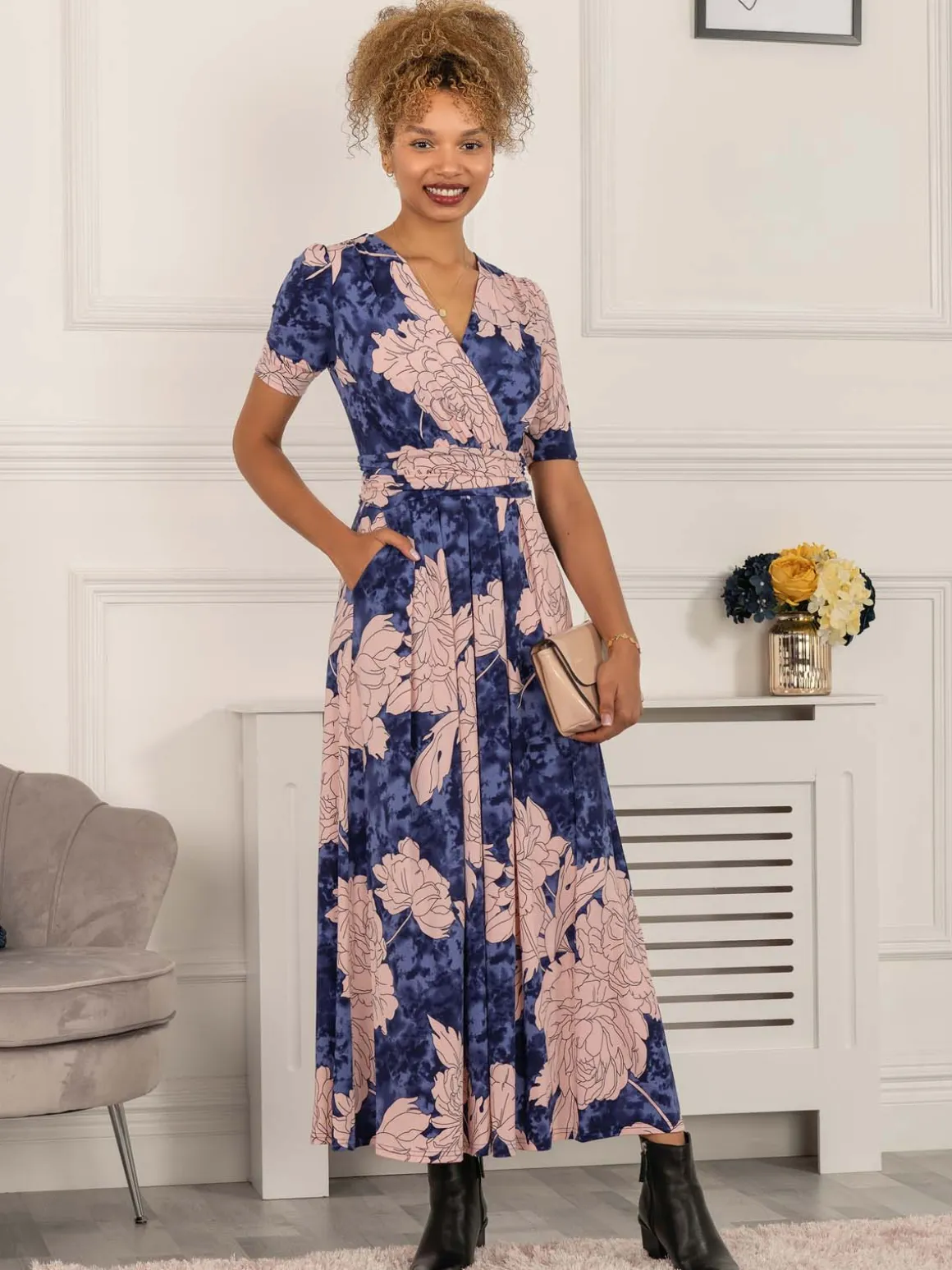 Evita Floral Print Maxi Jersey Dress, Floral Abstract