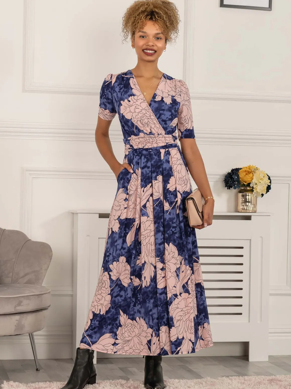 Evita Floral Print Maxi Jersey Dress, Floral Abstract