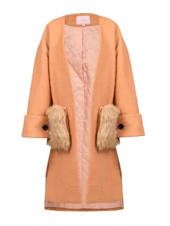 Faux Fur Pocket Padded Inner Coat, Camel