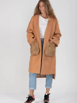Faux Fur Pocket Padded Inner Coat, Camel