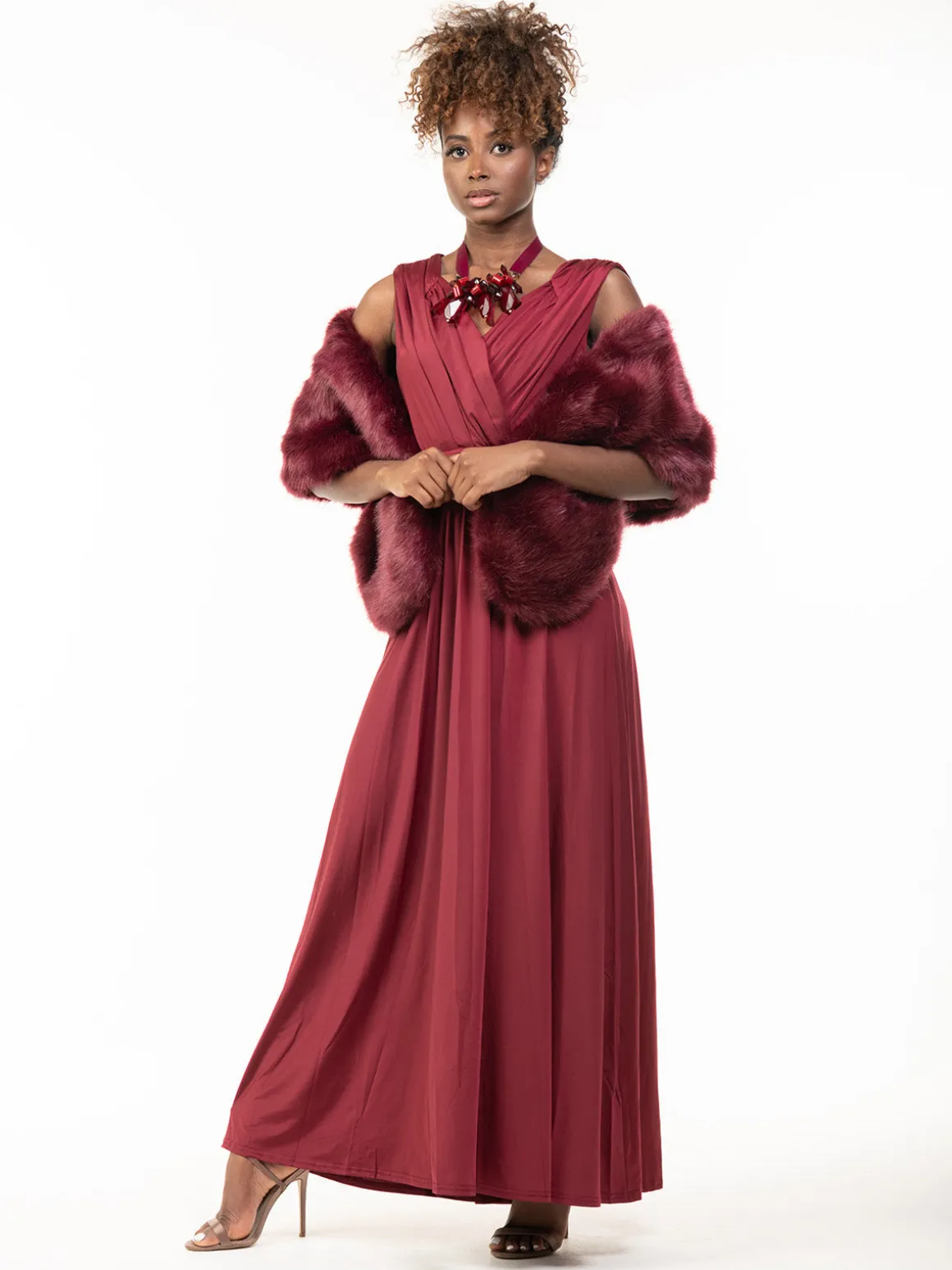 Faux Fur Stole Wrap Shawl, Dark Red