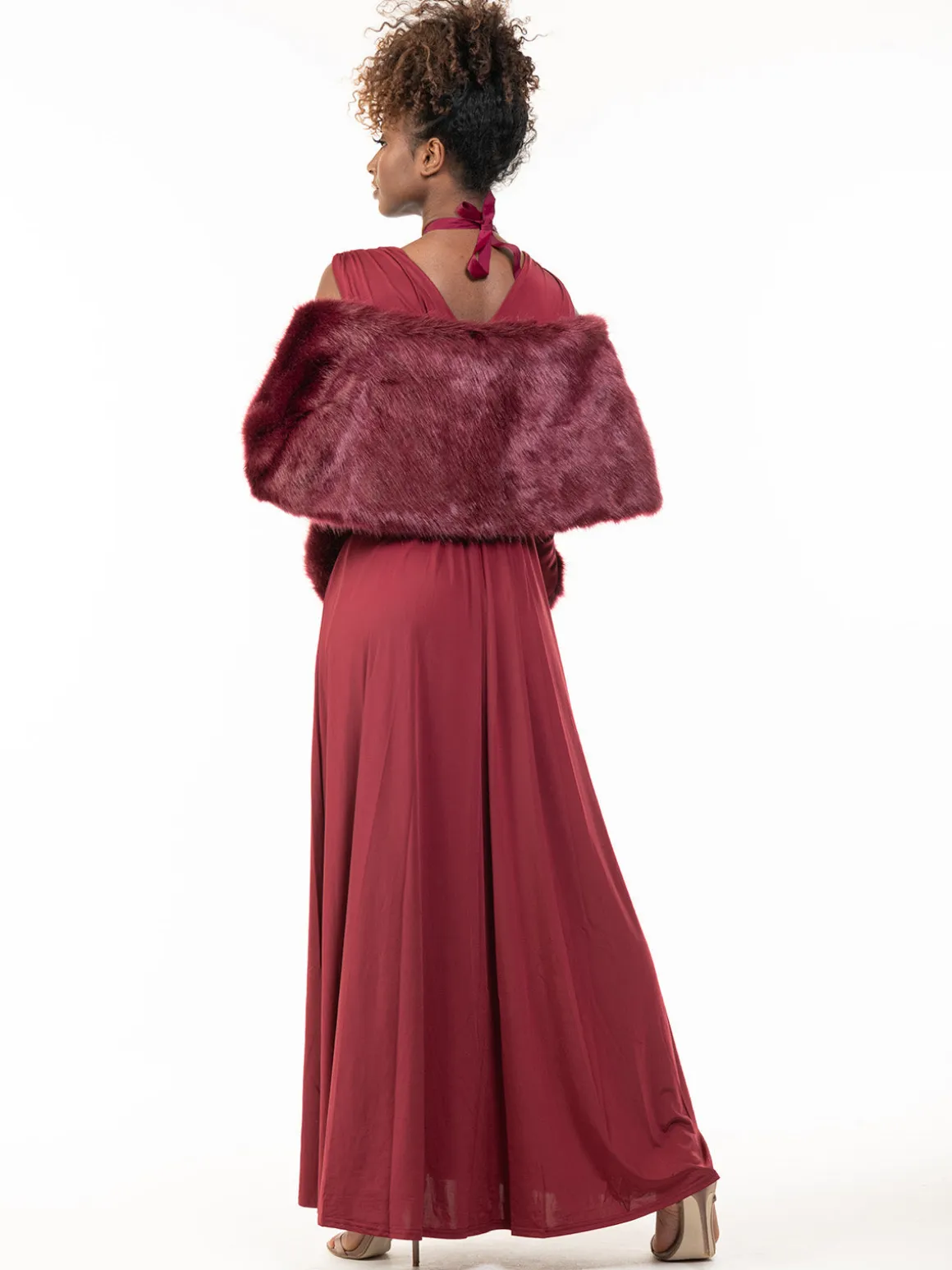 Faux Fur Stole Wrap Shawl, Dark Red