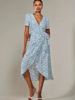 Faux Wrap Midaxi Dress, Blue Floral