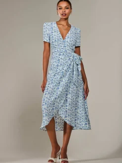 Faux Wrap Midaxi Dress, Blue Floral