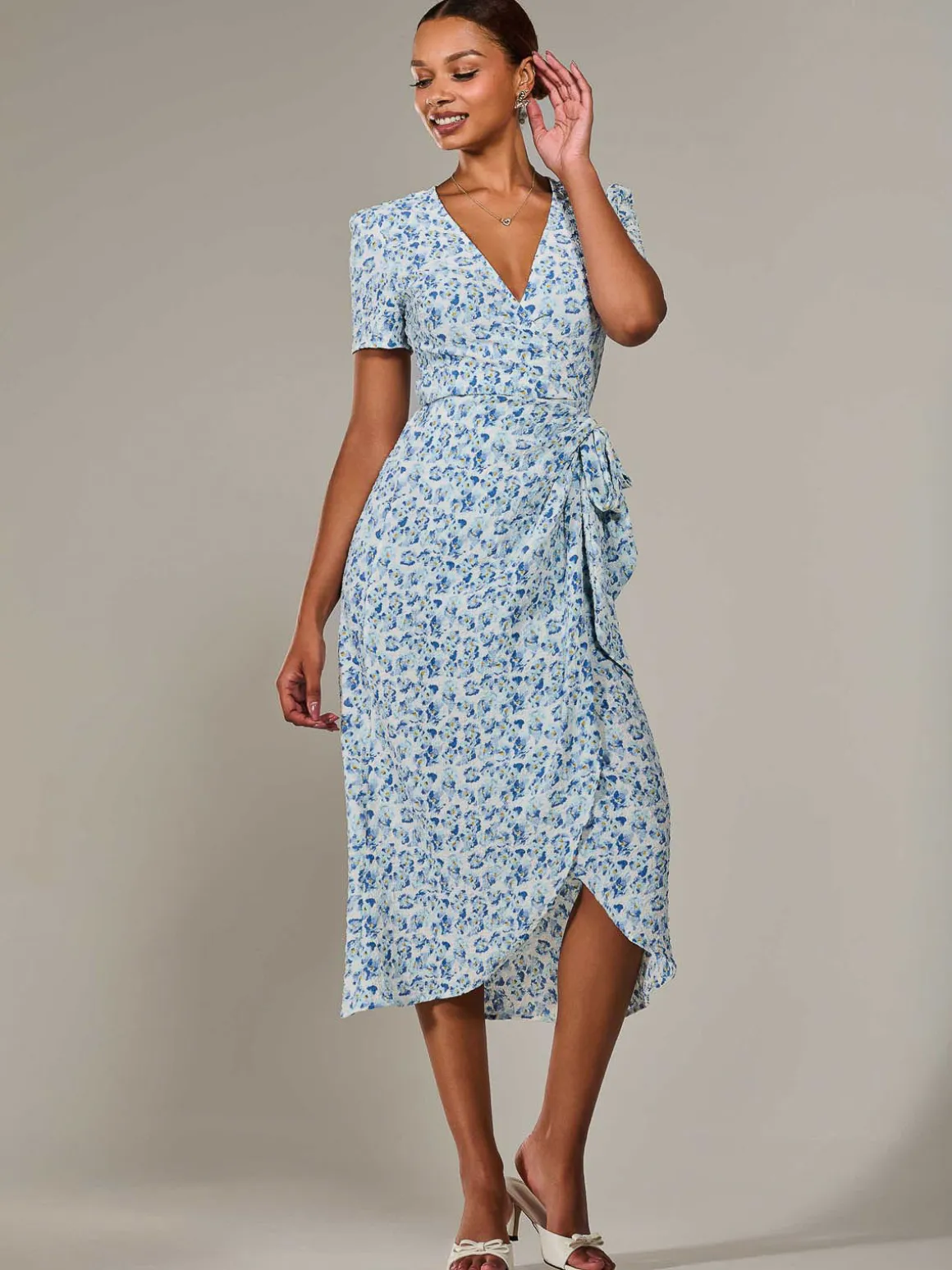 Faux Wrap Midaxi Dress, Blue Floral