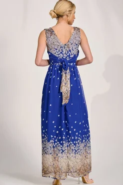 Feather Belted Maxi Dress, Blue Floral