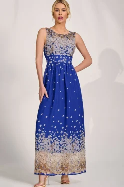 Feather Belted Maxi Dress, Blue Floral